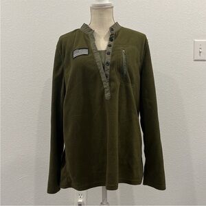 EUC L army green fleece jacket with American flag patch and zipper pocket
